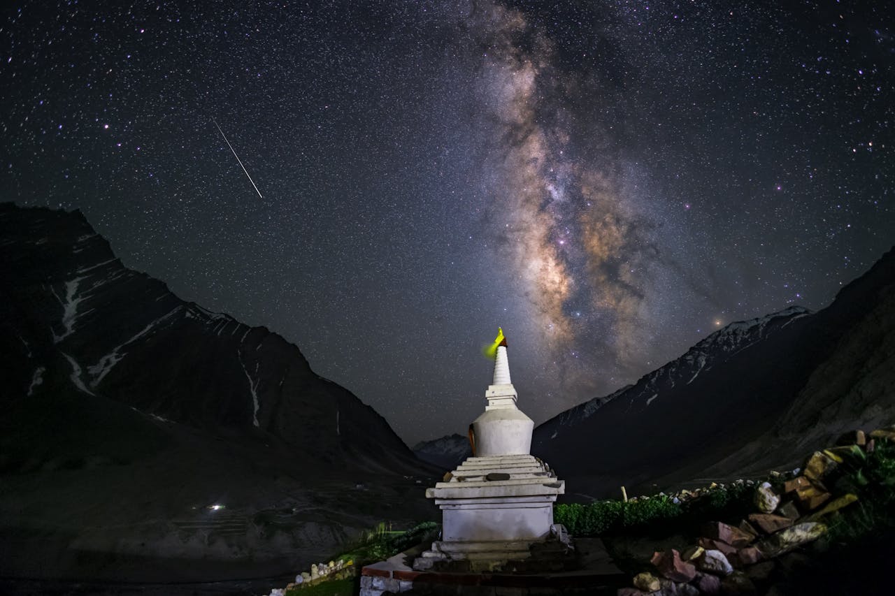 Stunning view of the Milky Way above a monastery in Kaza, India, under a starry night sky.