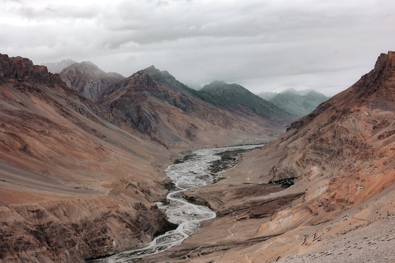 Explore the stunning landscape of Spiti Valley, featuring breathtaking mountains and rivers under cloudy skies.